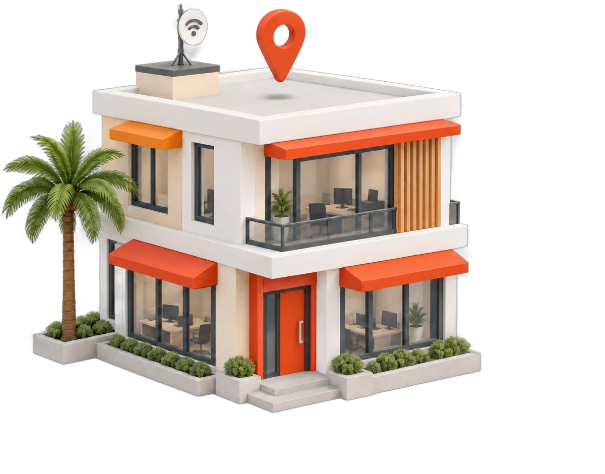 Alanya'daki Senkronis ofis binası — konum işaretli 3B illüstrasyon